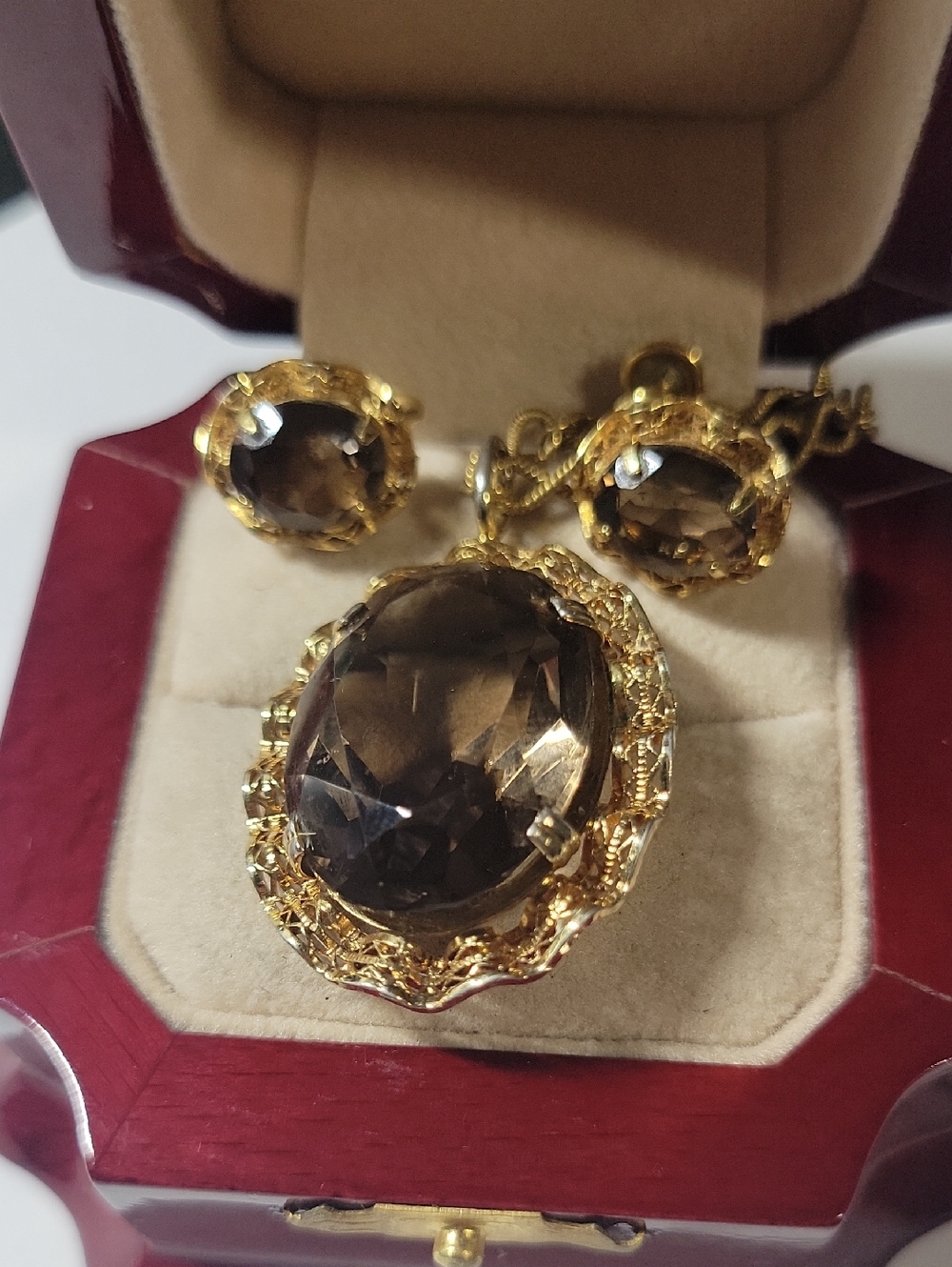 Gold-Tone Smoky Quartz Oval Ring and Earring Set